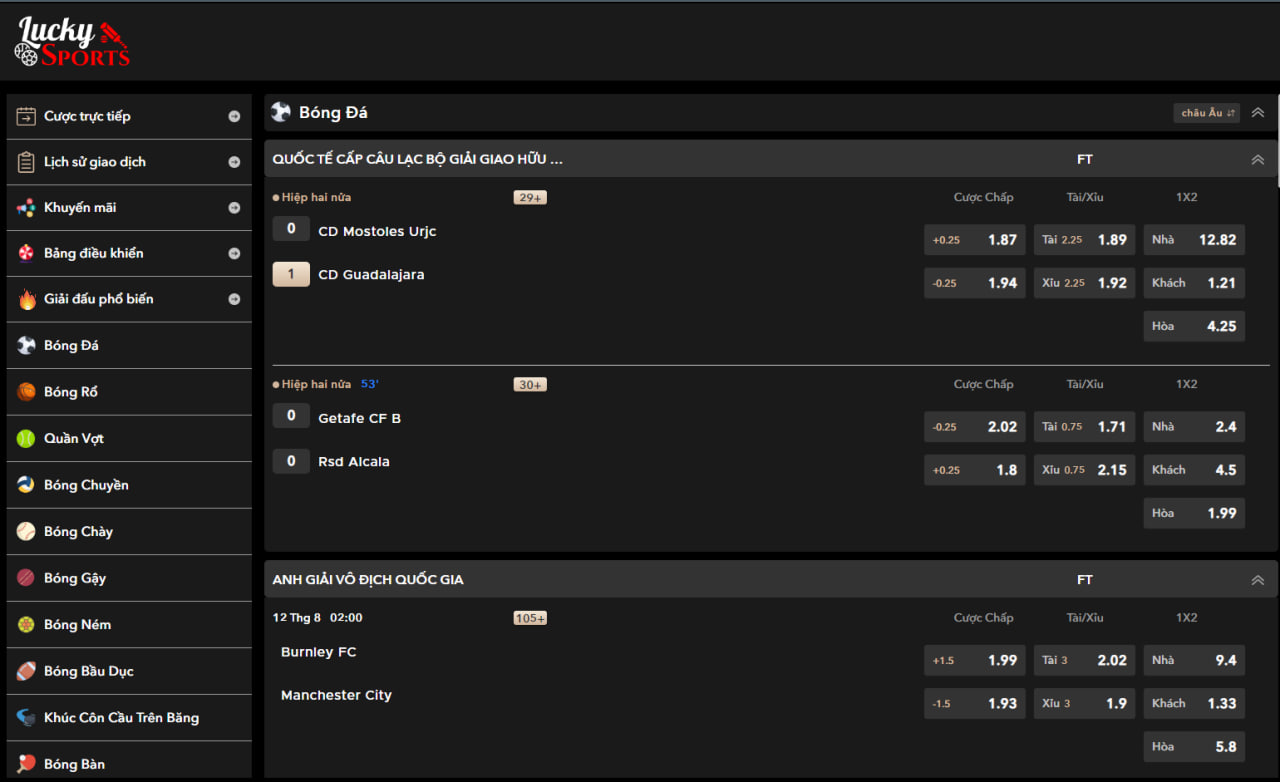 BONG999 - TRANG CÁ CƯỢC BÓNG ĐÁ UY TÍN HÀNG ĐẦU CHÂU Á Bảng tỷ lệ cược của nhà cung cấp Lucky Sports